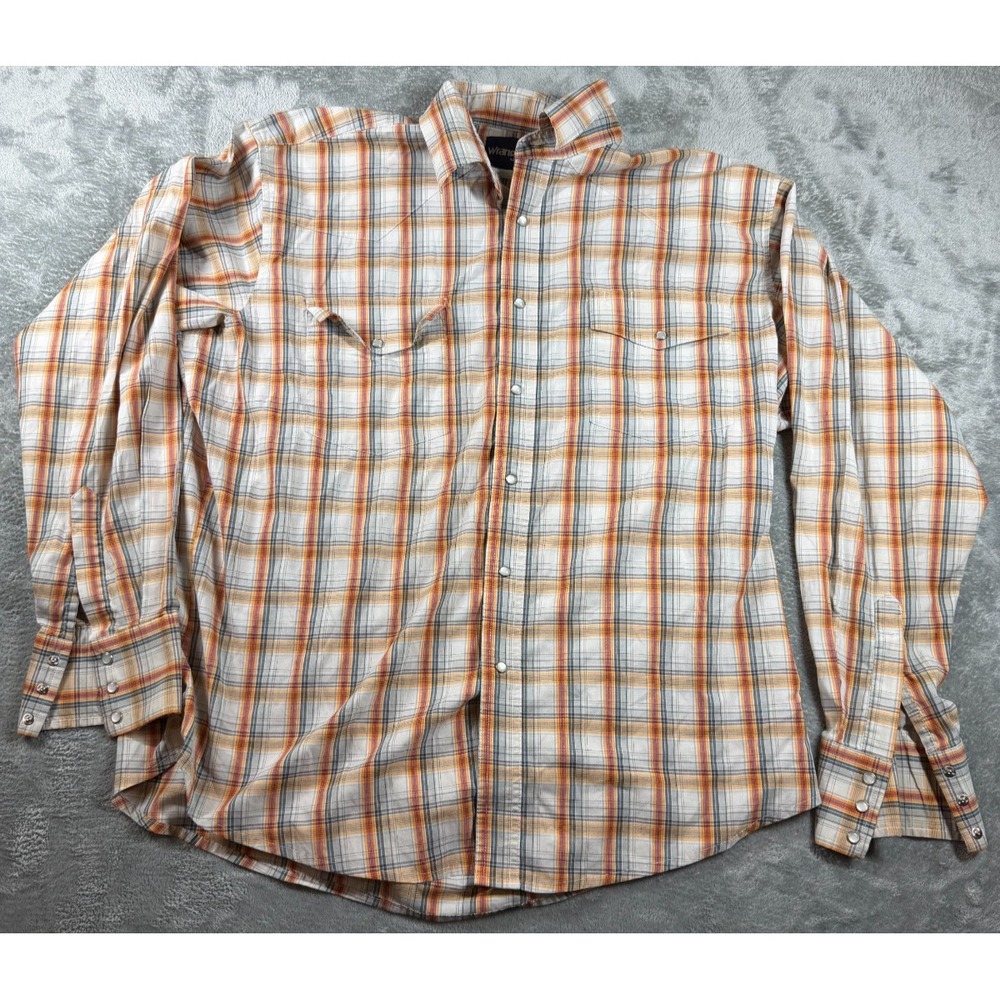 Vtg Wrangler Pearl Snap Shirt Men's XL Orange Plaid Western Cowboy Long Sleeve